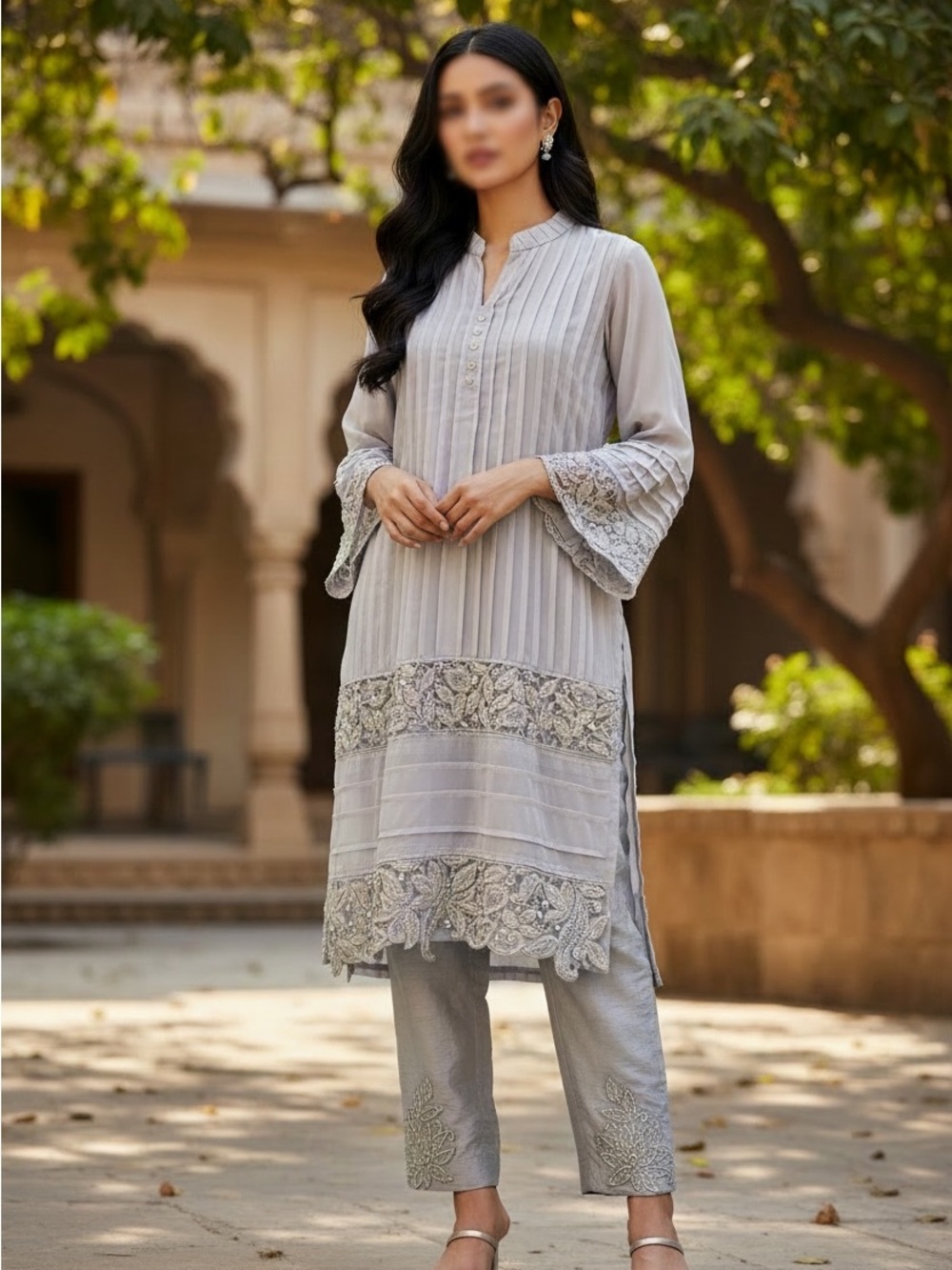 Light gray 3 piece Pleated diamond Embroidered Pakistani/ indian Dress